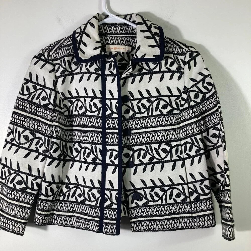 Womens Tory Burch Woven Cotton Floral Aztec Jacket Black Cream 0‎